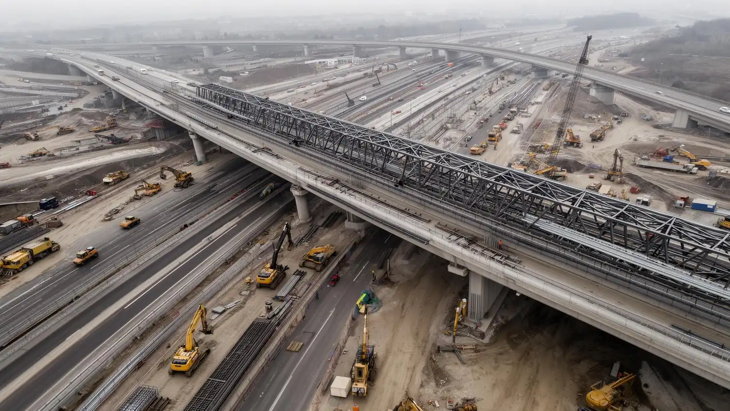 Aerial view of a major civil construction project — an elevated motorway interchange under construction with tower cranes, plant and earthworks