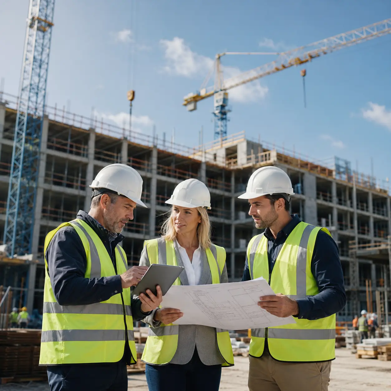 Construction professionals reviewing project plans on a commercial site